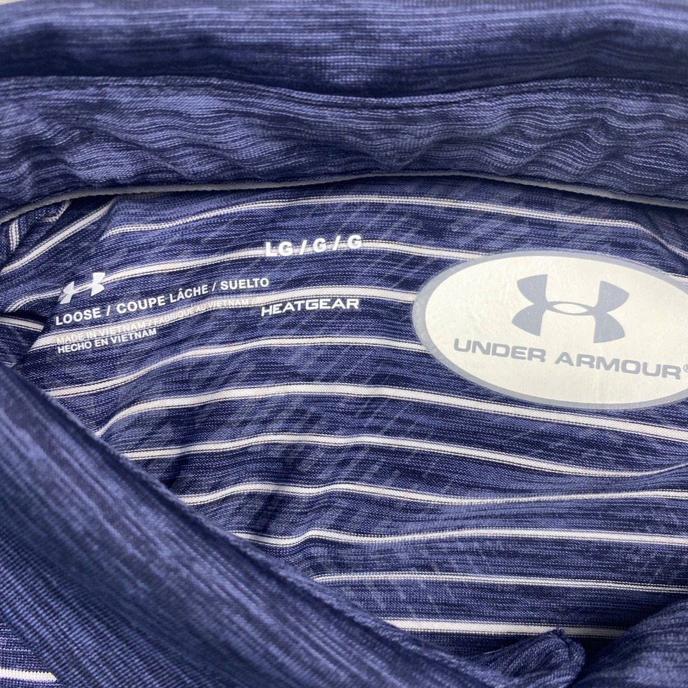 Under Armour HeatGear Mens Large Navy‎ Striped Polo Shirt Michigan M Logo - Picture 2 of 9
